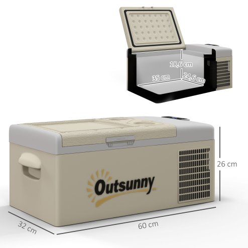 Outsunny 16L Car Refrigerator,  Portable Compressor Camping Fridge Freezer with 12/24V DC and 100-240V AC for Car, RV and Camping Use, Down to -20°C, Khaki