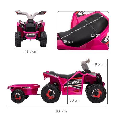 HOMCOM Electric Quad Bike, 6V Kids Ride On All-Terrain with Back Trailer for Ages 18-36 Months - Pink