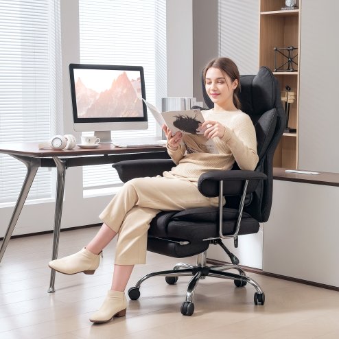 HOMCOM Executive Office Chair, Leathaire Reclining Computer Desk Chair with Lumbar Support Pillow, High Back, Footrest, Silent Swivel Wheels, Armrest, Height Adjustable for Home, Black