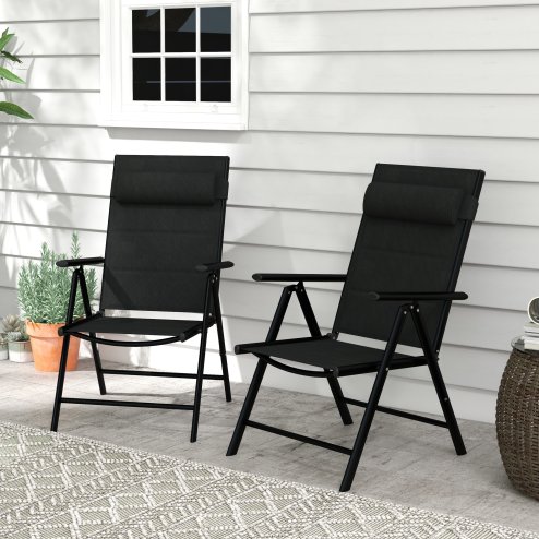 Outsunny Set of 2 Patio Folding Chairs with Adjustable Back, Aluminium Dining Chairs with Breathable Mesh Fabric Padded Seat and Backrest, Headrest for Outdoor Garden Lawn, Black