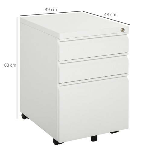 Vinsetto 3-Drawer Filing Cabinet with Lock, Mobile Steel File Cabinet for A4, Legal and Letter Size, Under Desk Drawers with Pre-Assembled Body for Home Office, 39 x 48 x 60 cm, White