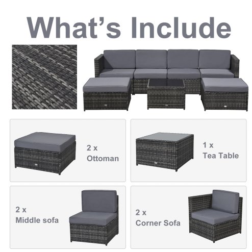Outsunny 7Pc Rattan Garden Furniture Wicker Sofa & Coffee Table Set Patio Furniture Outdoor with Cushions Grey