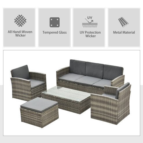 Outsunny 5 Pieces Rattan Garden Furniture Set, Wicker Garden Sofa Set with Storage Sofa and Ottomans, 2 Armchairs, Glass Coffee Table, Outdoor Conservatory Furniture with Cushions for Patio, Grey