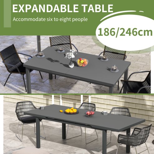 Outsunny 246 cm Extending Garden Table, Rectangle Outdoor Dining Table for 6-8, Aluminium Frame for Patio, Balcony - Charcoal Grey