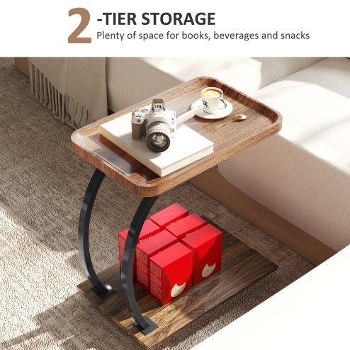HOMCOM C Shaped Side Table with Storage, Mobile 2-Tier Bedside Table with Tray Top, Wheels, Steel Frame for Living Room, Bedroom, Brown