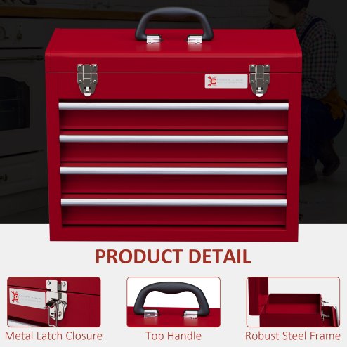 DURHAND 4 Drawer Tool Chest, Lockable Metal Tool Box with Ball Bearing Runners, Portable Toolbox, 510mm x 220mm x 395mm, Red