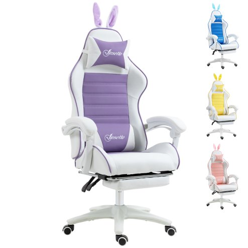 Vinsetto Racing Gaming Chair, Reclining PU Leather Computer Chair with Removable Rabbit Ears, Footrest, Headrest and Lumber Support, Purple Image