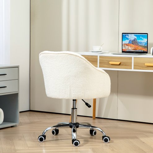HOMCOM Office Chair, Teddy Fleece Swivel Computer Desk Chair, Makeup Vanity Seat with Adjustable Height for Home Study Bedroom, Cream White