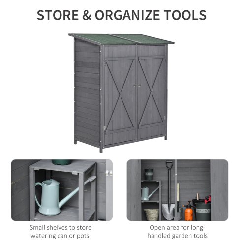Outsunny Small Shed, Wooden Garden Shed with Flexible Table, Hooks and Ground Nails, Lockable Tool Shed with Asphalt Roof, 140 x 75 x 157cm, Grey