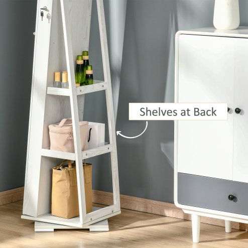 HOMCOM 360° Swivel Jewellery Cabinet with Full Length Mirror, Lockable Jewellery Organiser with Built-in Makeup Mirror and Storage Shelves for Bedroom, White