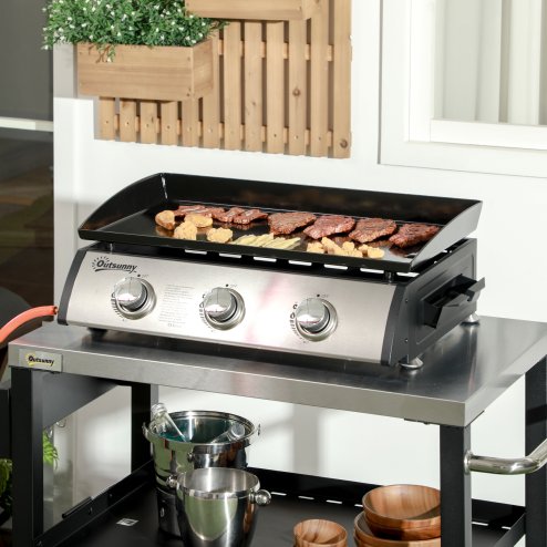 Outsunny Gas Plancha Grill with 3 Stainless Steel Burner, 7.5kW, Portable Tabletop Gas BBQ with Non-Stick Griddle and Lid for Camping Picnic Garden Party Festival