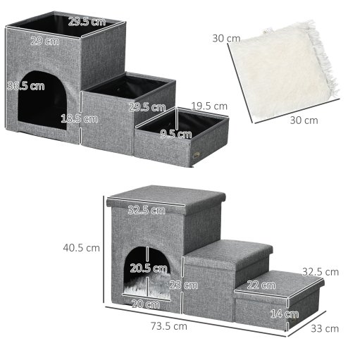 PawHut Dog Steps for Bed, 3 Step Pet Stairs with Kitten House and 2 Storage Boxes, 3 in 1 Dog Ramp for Sofa with Washable Plush Cushion, Light Grey