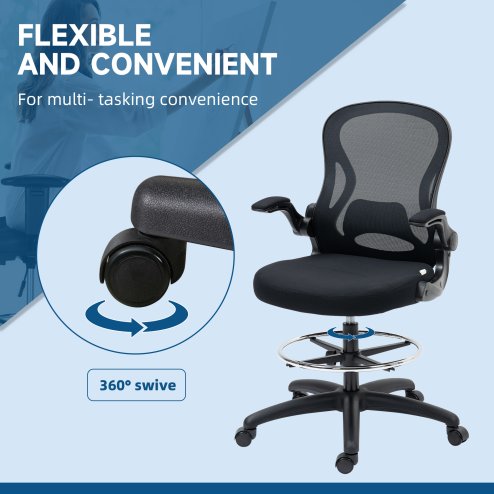 Vinsetto Drafting Chair with Flip-up Armrests, Mesh Office Chair, Ergonomic Draughtsman Chair with Lumbar Support and Footrest Ring for Standing Desk and Bar Counter, Black