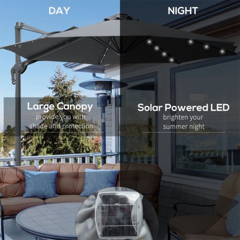 Outsunny 3(m) Cantilever Roma Parasol Patio Sun Umbrella with Crank & Tilt LED Solar Light Cross Base 360 Rotating Outdoor, Dark Grey