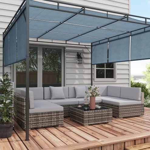Outsunny 7 Pieces PE Rattan Garden Furniture Set with Thick Padded Cushion, Patio Garden Corner Sofa Sets with Glass Coffee Table and Pillows, Buckle Structure, Grey