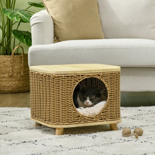 PawHut Wicker Cat House, Elevated Design Rattan Cat Bed Basket with Washable Soft Cushion, Door Hole, for Indoor Cats Kittens, Light Brown