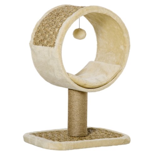 PawHut 56cm Small Cat Tree for Indoor Cats with Scratching Post, Kitten Tower with Tunnel, Toy Ball, Cushion - Beige