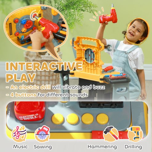 AIYAPLAY Kids Tool Bench, Workbench Kids Tool Set, 102 Pieces with Electric Drill, Storage, for Ages 3-6 Years, Yellow