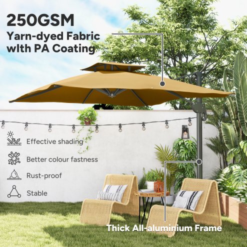 Outsunny 3 x 3 m Cantilever Parasol with Hydraulic Opening, Heavy Duty Aluminium Hanging Garden Parasol, Double Top Square Patio Umbrella with 360 Rotation, 8 Ribs, Cross Base, Khaki