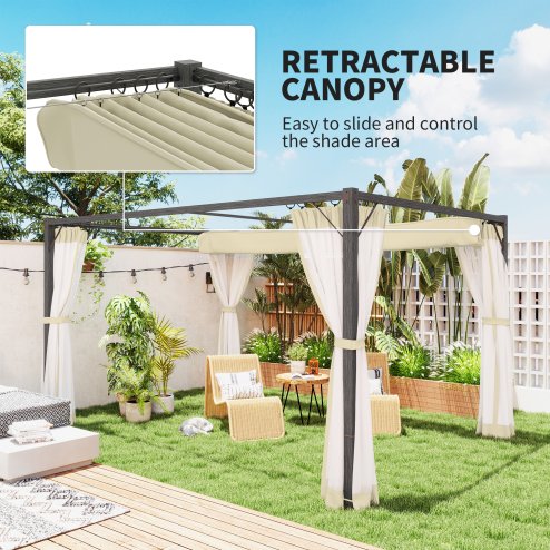 Outsunny 3 x 4 m Pergola with Retractable Roof Canopy and Netting Sidewalls, Aluminium Frame Garden Gazebo Outdoor Sun Shade Shelter for Grill, Patio, Deck, Khaki