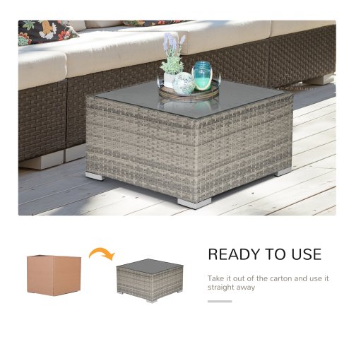 Outsunny Rattan Garden Coffee Table, 65 cm Square Garden Rattan Table with Tempered Glass Top, All-Weather Wicker Bistro Outdoor Furniture for Patio, Balcony, Porc, Grey