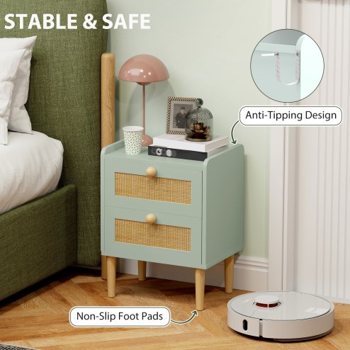 HOMCOM Bedroom Chest of Drawers, Boho Rattan Dresser with 2 Drawers, Storage Cabinet for Living Room, Hallway, Entryway, Olive Green