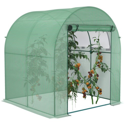 Outsunny Walk in Polytunnel Greenhouse, Tomato Greenhouse with Roll-up Window and Door, PE Cover, Steel Frame for Garden, 1.8 x 1.8 x 2 m, Green