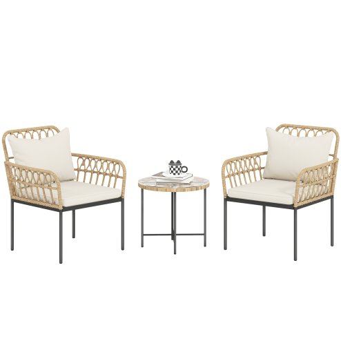 Outsunny 3 Piece Rattan Bistro Set, Wicker Garden Furniture Set with Cushions, Glass Top Coffee Table and Chairs for Outdoor, Patio, Balcony, Beige