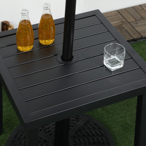 Outsunny Garden Side Table, 51x51cm Square Patio Coffee Table with Umbrella Hole, End Table with Steel Frame for Balcony, Black