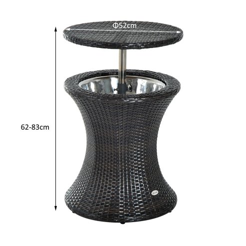 Outsunny PE Rattan Ice Bucket Table, Height Adjustable Liftable Outdoor Drinks Cooler, 52 cm Round Garden Beer Cocktail Table with Lid for Bar, Patio, Terrace, Brown