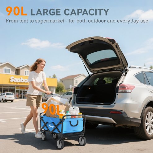Outsunny 90L Festival Trolley on Wheels, Folding Camping Trolley Cart with Adjustable Handle, Portable for Outdoor, Garden, Shopping, Fishing, Blue
