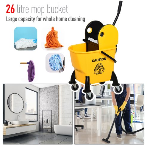 HOMCOM 26L Mop Bucket with Wringer, Mop Bucket on Wheels with Carry Handle, Mop Holder, Plastic Body for Household, Yellow
