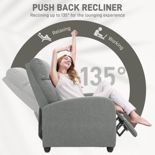 HOMCOM Push Back Recliner Armchair, Linen Fabric Reclining Chair with Adjustable Leg Rest, Single Padded Seat Sofa Lounge for Living Room, Bedroom, Light Grey