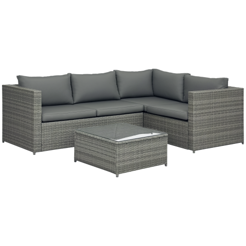 Outsunny 3 Pieces PE Rattan Garden Furniture Set with 10 cm Thick Cushions, 4 Seater Garden Corner Sofa Set with Glass Top Coffee Table, Outdoor Furniture for Patio, Porch, Grey