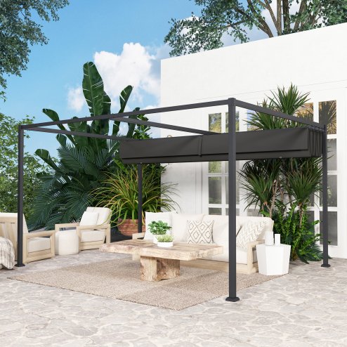 Outsunny 4 x 3(m) Metal Outdoor Pergola with Retractable Roof, Outdoor Gazebo Canopy Shelter with Drainage Holes for Garden, Patio, Lawn, Black