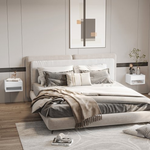 HOMCOM Floating Bedside Table Set of 2 Wall Mounted Nightstand with Storage Drawer and Open Shelf for Bedroom, High Gloss White