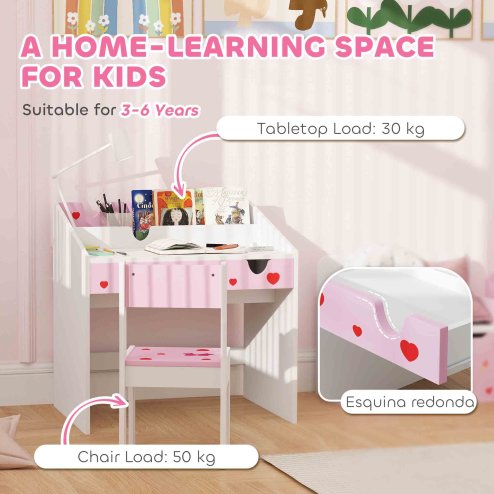 AIYAPLAY Kids Desk and Chair Set, Children Study Table and Chair with Storage, Pull-Out Drawer, Bow Pattern, for Bedroom, Playroom, Nursery, for Ages 3-6 Years, Pink