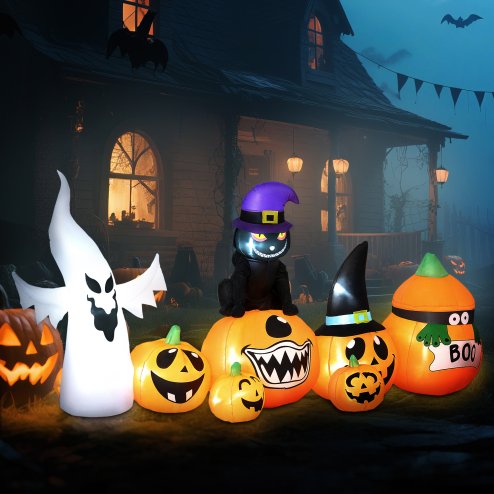 Outsunny 8 FT Halloween Inflatables Pumpkin Ghost and Cat Combo, Outdoor Halloween Decorations with 9 Built-in LEDs, Self-Inflating Blow Up Decor for Garden Party