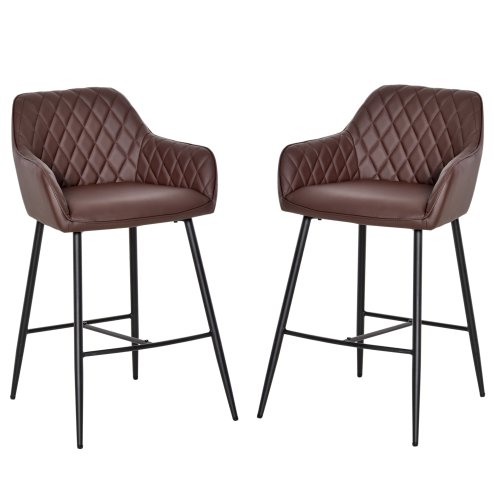 HOMCOM Set of 2 Bar stools Retro PU Leather Bar Chairs w/ Footrest Metal Frame Comfort Support Stylish Dining Seating Home Brown