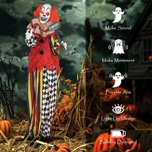 Outsunny 173 cm Life Size Halloween Animated Standing Clown & Hammer with Red Light Up Eyes, Sound Activated Moving Arms & Head, Scary Clown Halloween Decorations, Battery Operated, Indoor Party Props