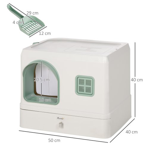 PawHut Cat Litter Box with Drawer Pan, Hooded Cat Litter Tray with Scoop, Deodorants, Front Entrance, 50 x 40 x 40cm - White