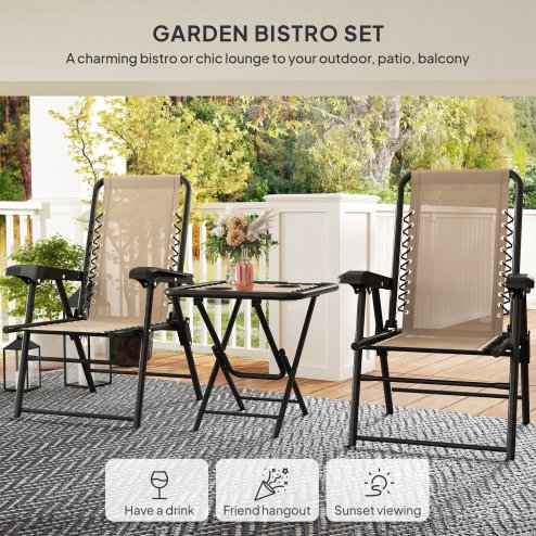 Outsunny 3 Pieces Garden Bistro Set, Folding Table and Chairs Set, Metal Garden Furniture Set with Cup Holders for Outdoor, Patio, Balcony, Khaki