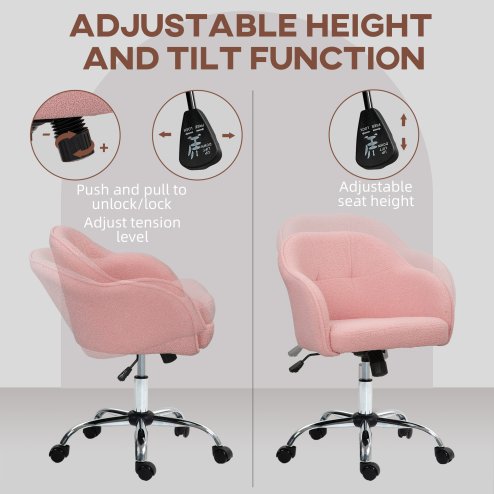HOMCOM Office Chair, Teddy Fleece Swivel Computer Desk Chair, Makeup Vanity Seat with Adjustable Height for Home Study Bedroom, Pink
