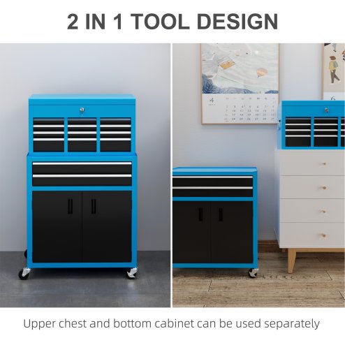 HOMCOM Tool Chest, Metal Tool Cabinet on Wheels with 6 Drawers, Pegboard, Top Chest and Roller Cabinet Combo, 61.6 x 33 x 108cm, Blue