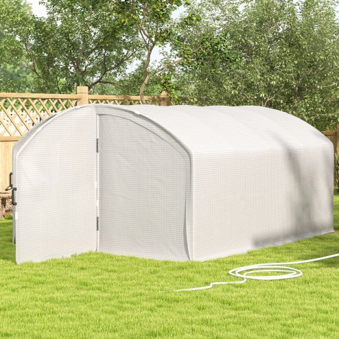 Outsunny 4 x 3 x 2m Polytunnel Greenhouse with Hinged Door, Walk-in Grow House Tent with UV-resistant PE Cover, Galvanised Steel Frame, Clamps, White