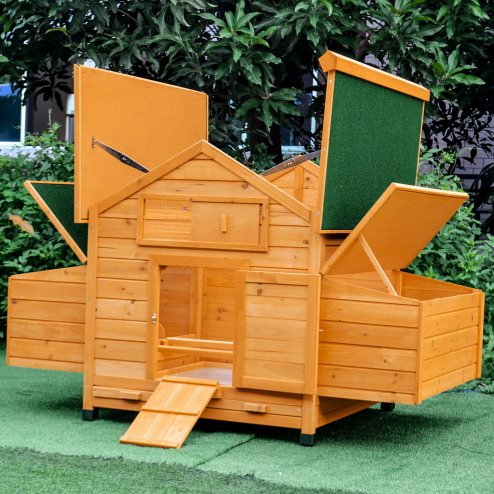 PawHut Wooden Chicken Coop, Poultry Cage with Nesting Boxes, Tray, Hen House for 2-4 Chickens, Yellow