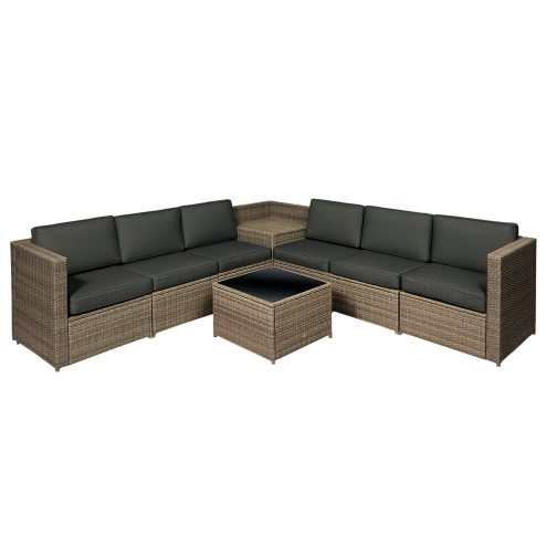 Outsunny 8 Pieces Outdoor PE Rattan Sofa Set with Cushions, Patio Garden Furniture Sets with Glass Top Coffee Table, Storage Corner Table, Mixed Brown