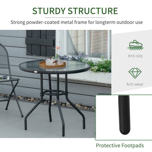 Outsunny 80 cm Round Dining Table with Parasol Hole, Outdoor Coffee End Side Table with Tempered Glass Top, Steel Frame for Garden, Black