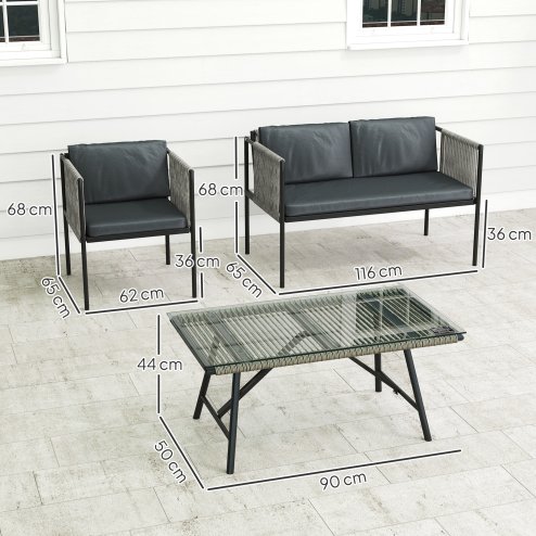 Outsunny 4 Piece Rattan Garden Furniture Set, 4 Seater Wicker Outdoor Furniture Set with 2 Armchairs, Loveseat, Glass Top Coffee Table and Cushions for Balcony, Porch, Grey