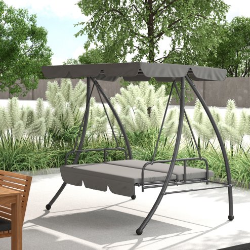 Outsunny Outdoor 2-in-1 Swing Chair Lounger 3 Seater Garden Swing Seat Bed Hammock Bed Convertible Tilt Canopy W/ Cushion, Light Grey